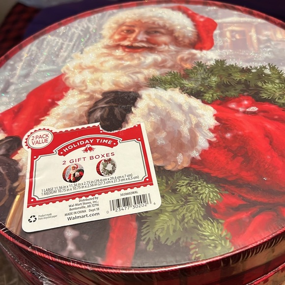 2 LARGE Christmas Gift Boxes, Holiday Cookie Boxes Santa Wreath Buffalo Plaid - Picture 7 of 8